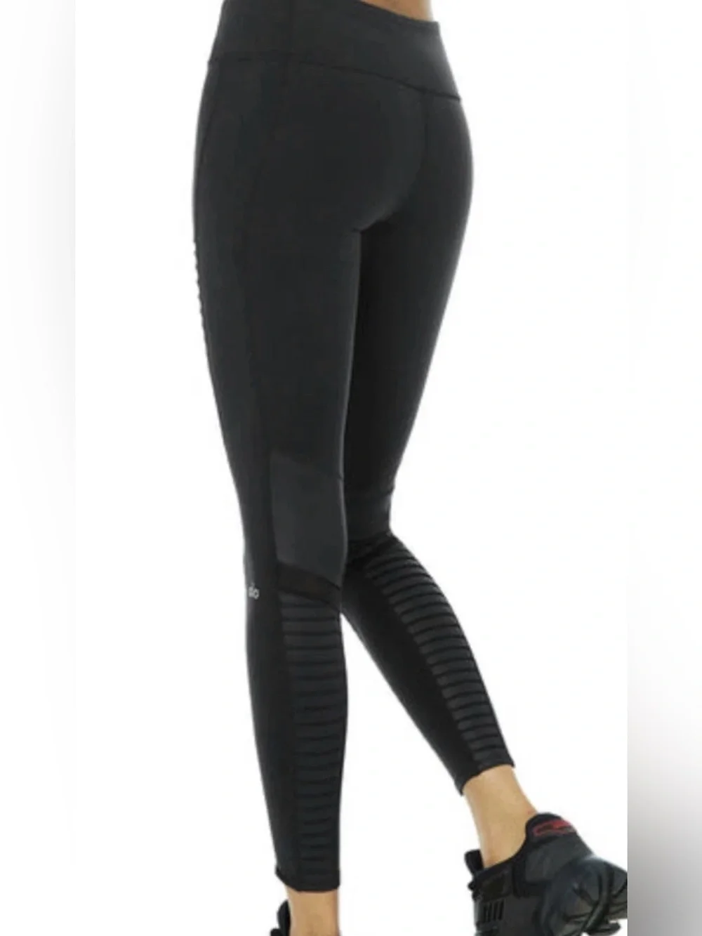 Alo Yoga Faux Leather Black Moto High Rise Mesh Insert Leggings EUC Size Medium